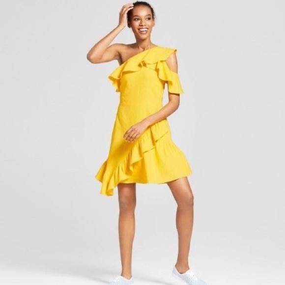 a new day Dresses & Skirts - A New Day One Shoulder Ruffle Asymmetrical Hem Dress Yellow Women Size 2 NWT